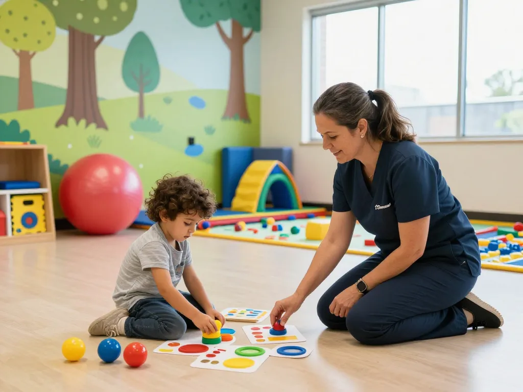 Engaging therapy session at Advantage Therapy Norwes, showcasing children’s therapists working with kids in a colorful, nurturing environment.