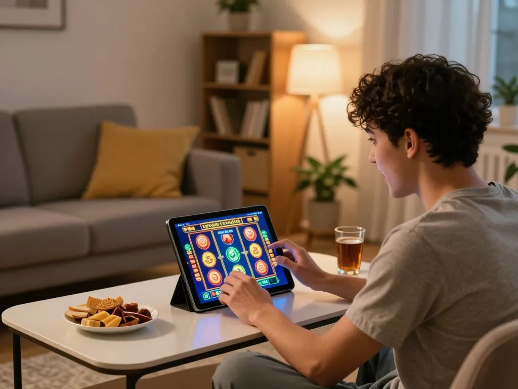 Player enjoying gajah toto online slots on a tablet in a cozy living room setup
