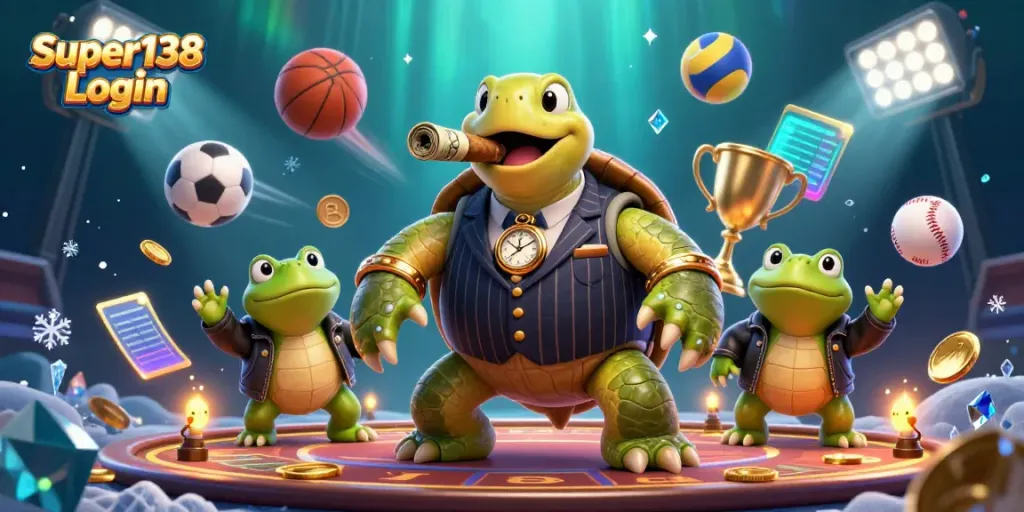 Engage with the Super138 Login scene featuring a turtle mobster and frog enforcers in a dynamic casino atmosphere.