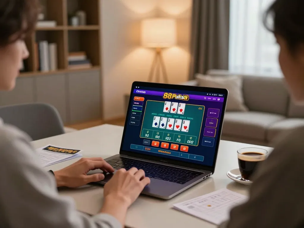 Permainan blackjack langsung yang menarik di 88Pulsa dalam suasana rumah yang bergaya dengan catatan taruhan dan kopi.