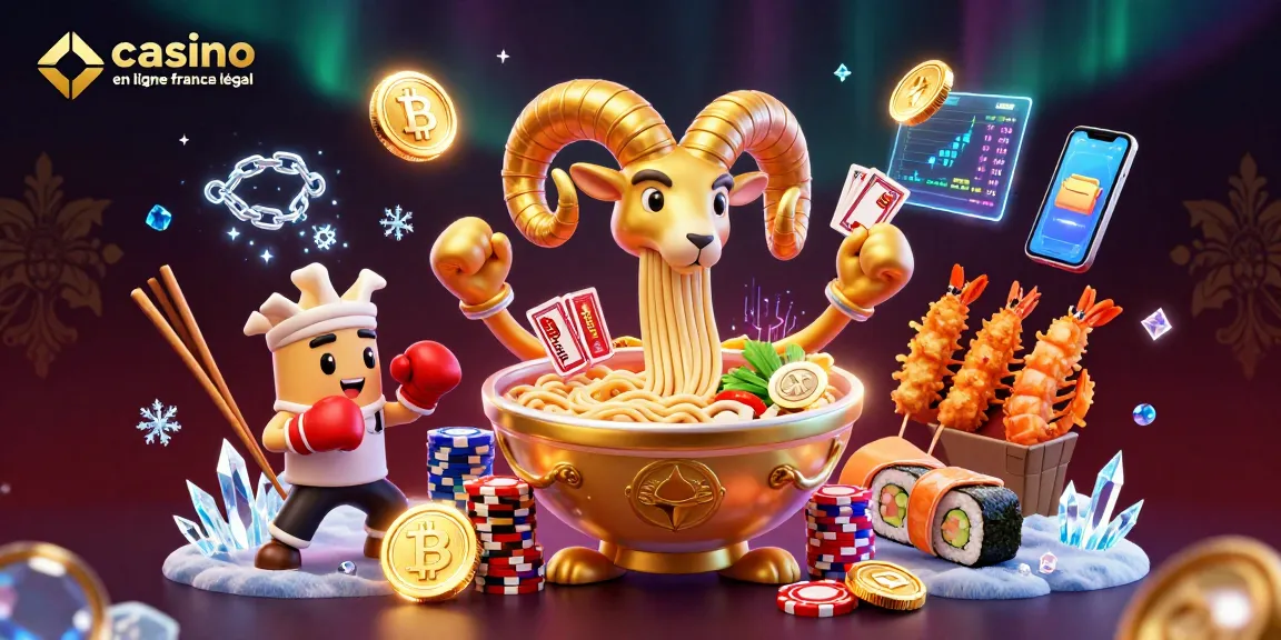 Illustration dynamique d'un casino en ligne légal en France avec un bol de ramen doré et des personnages amusants.