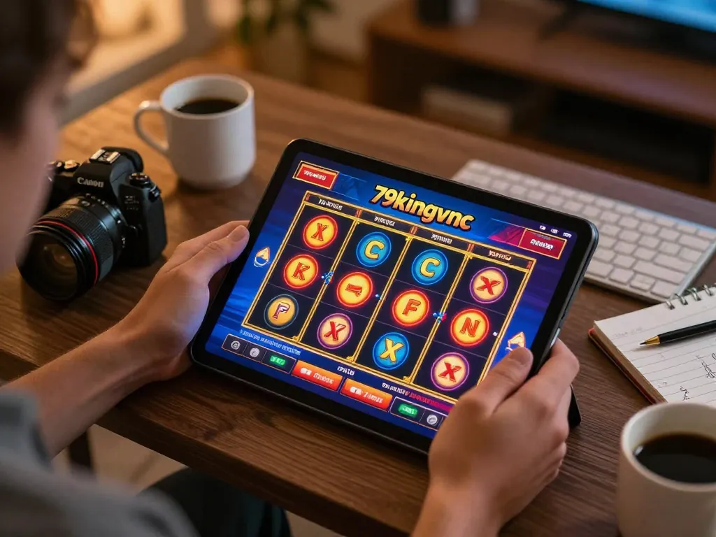 Player enjoying a thrilling gaming session on 79kingvnc while spinning colorful slot reels online.