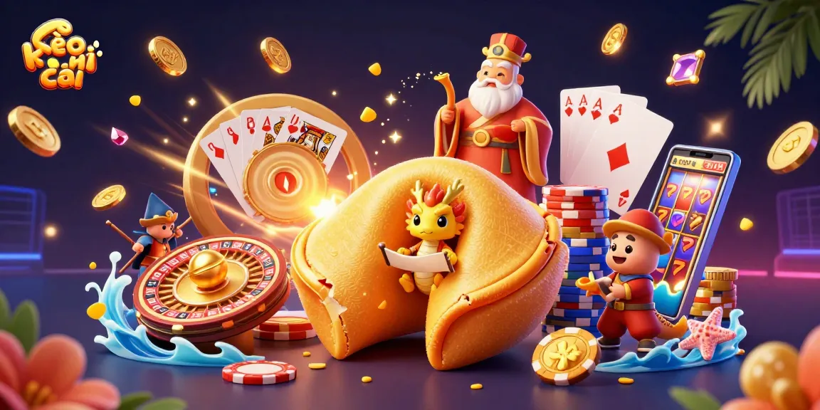 Engage with kèo nhà cái through a vibrant scene of fortune cookies and dynamic gaming elements.
