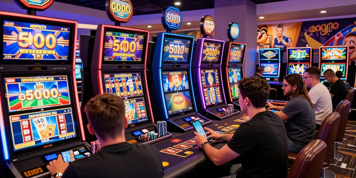 Engaging gambling scene illustrating slot deposit 5000 excitement, players at vibrant online casino.