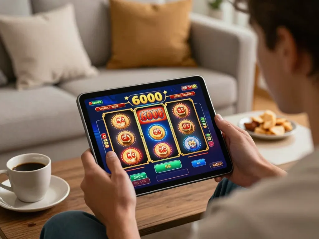 Engaged player enjoying slot6000 on tablet, showcasing vibrant slot interface and cozy gaming atmosphere.