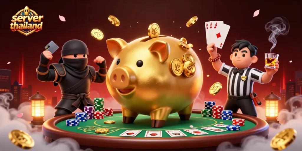 Engage with the server thailand scene featuring a golden piggy bank sumo wrestler amidst lively casino action.