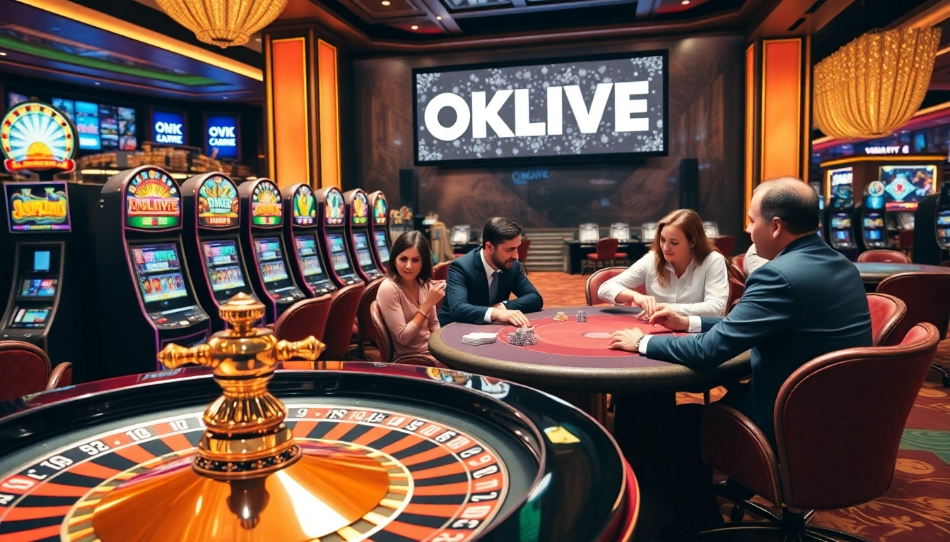 OKLIVE showcases an upscale casino scene with gamblers at poker tables and vibrant slot machines.