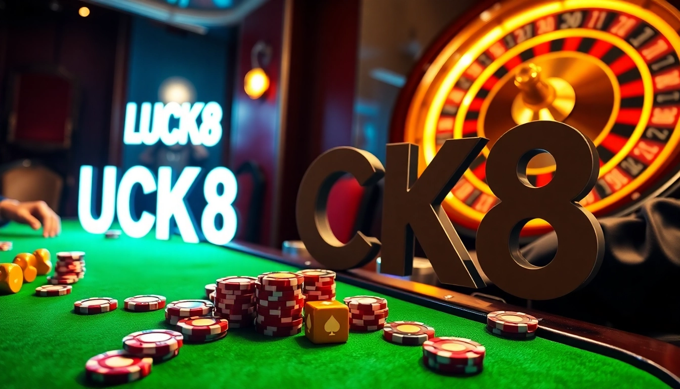 LUCK8 offers a thrilling casino experience with poker tables, chips, and roulette wheels in an exciting ambiance.