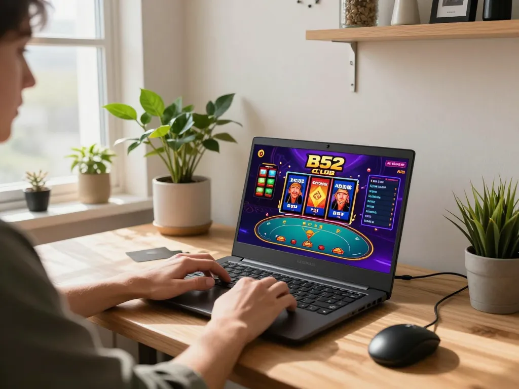 B52 club gaming scene at home featuring a player engaged with a laptop.