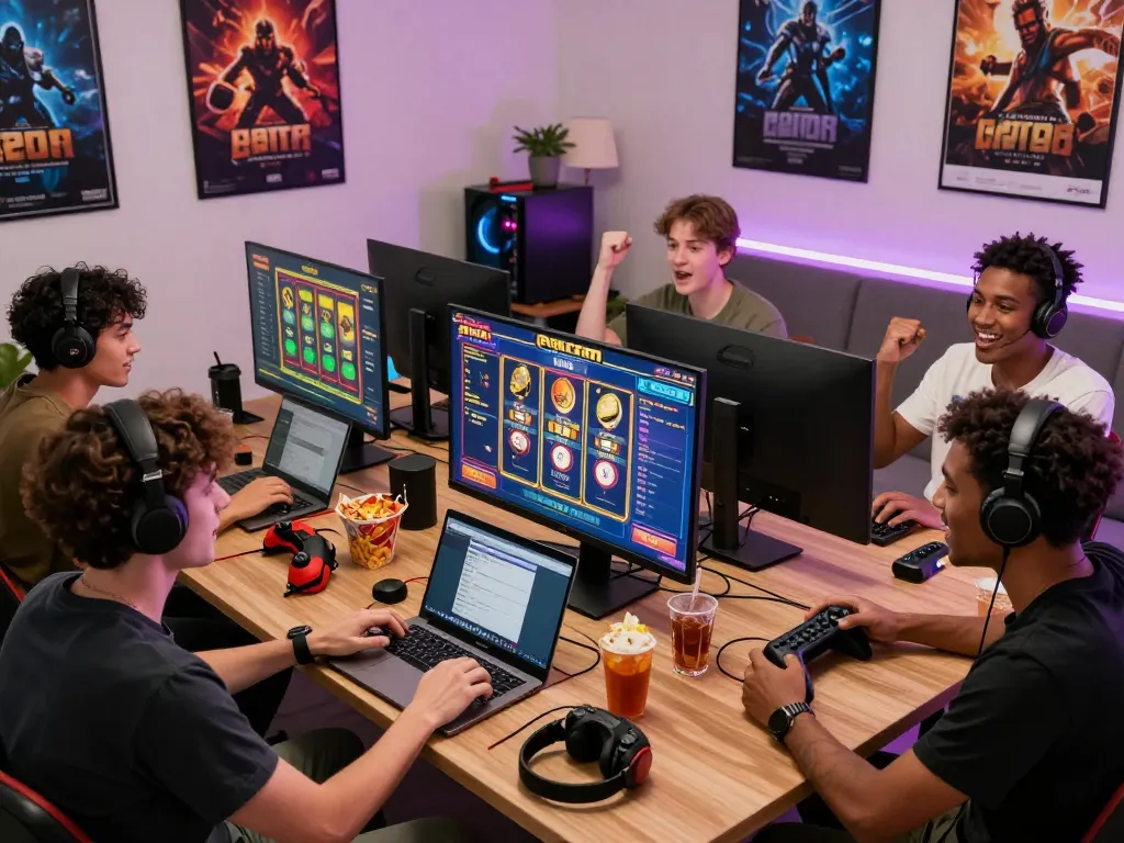 Friends enjoying a thrilling gaming night with slot gacor games in a lively setting