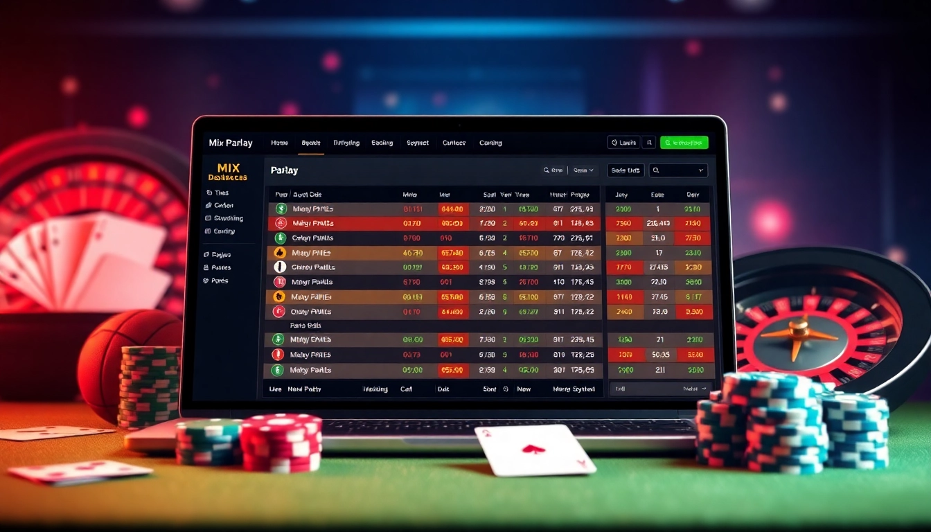 Visualizing a mix parlay betting slip on a sleek online gambling platform, showcasing vibrant sports odds.