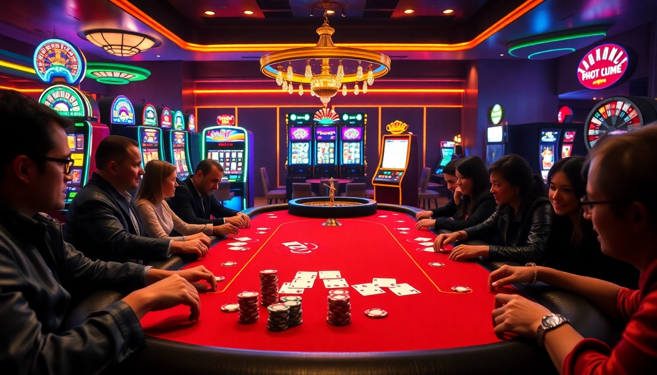 Players competing at a vibrant poker table in 8K8’s luxurious casino environment.
