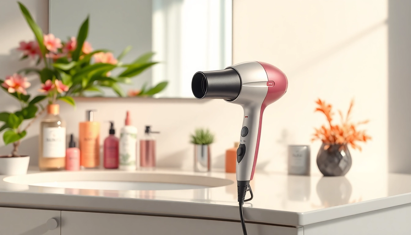 Frizzy hair dryer showcasing design features and products in a chic bathroom setting.