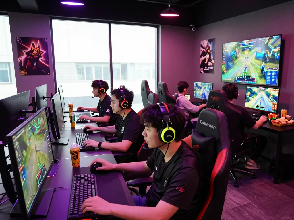 Engaged gamers competing in ligasedayu community gaming lounge.