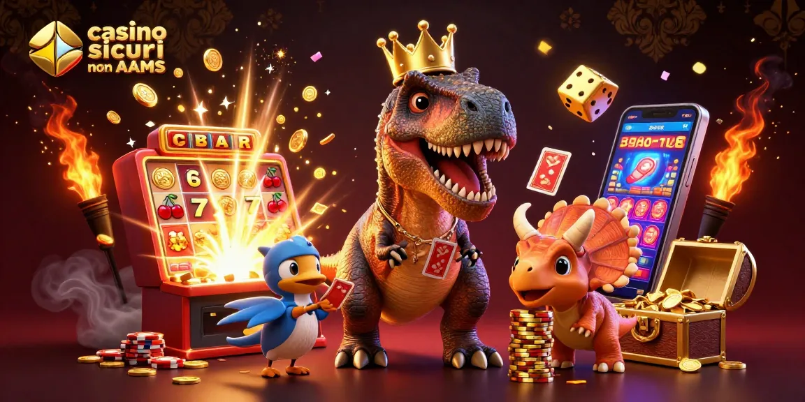 Gioca in casino sicuri non AAMS con una scena vivace di dinosauri e slot machine esplosive.
