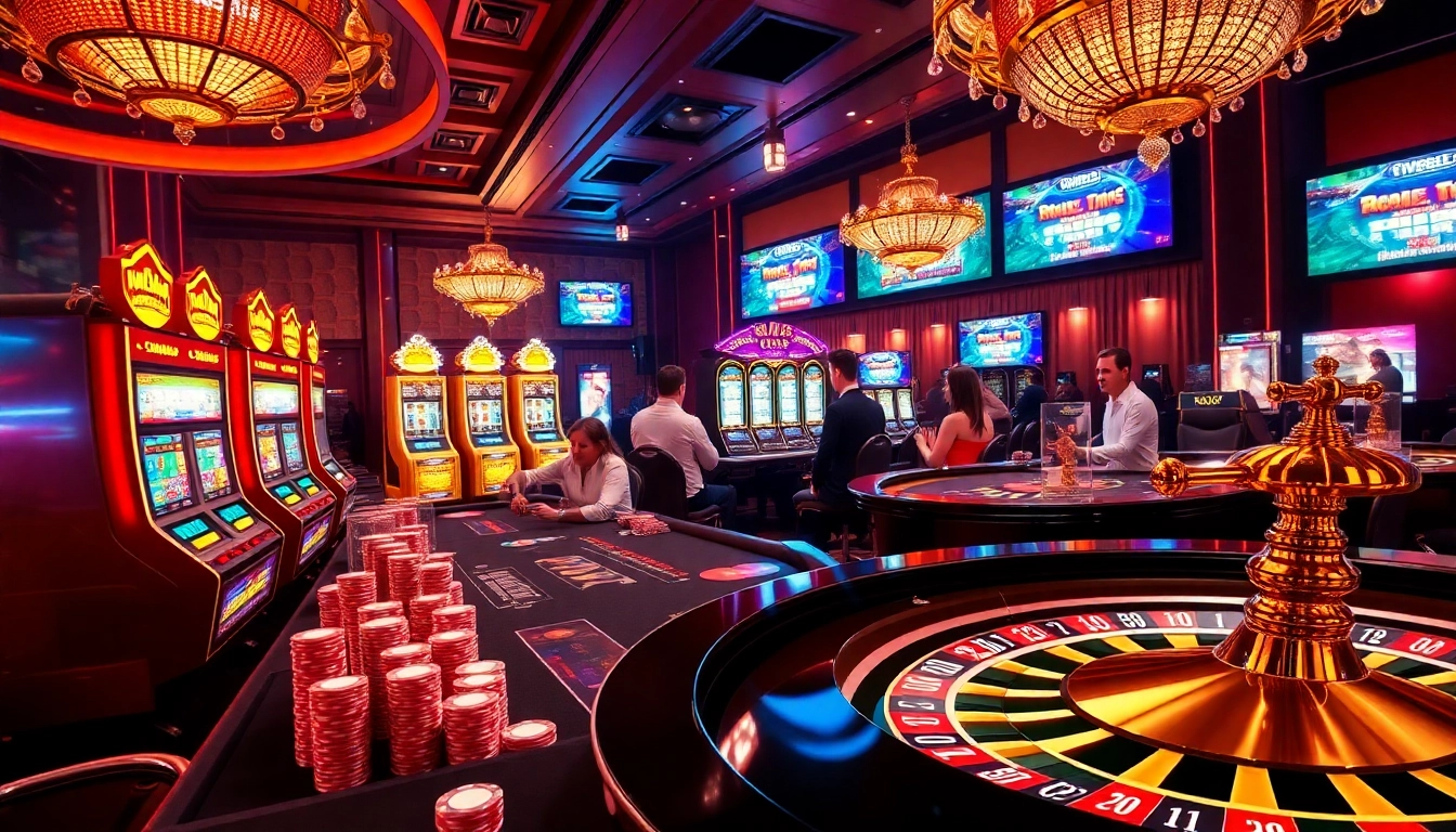 Action-packed casino scene with players enjoying TV88 gaming tables and vibrant slot machines.