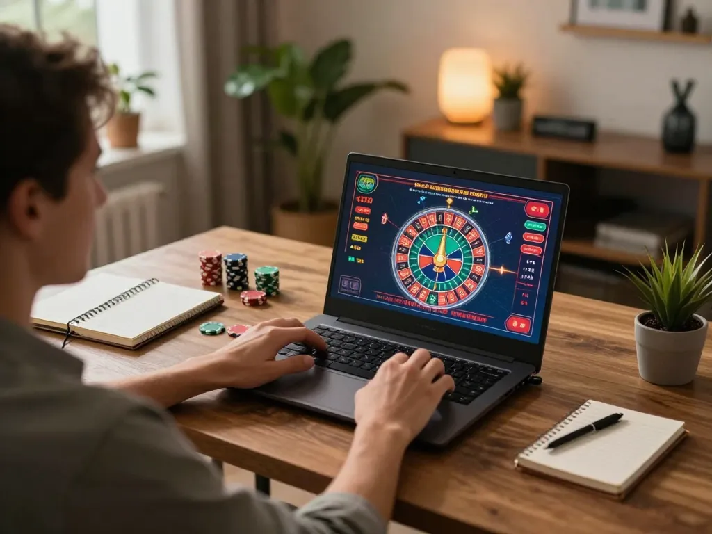 Experience thrilling online roulette gaming with da88 at home, capturing a cozy setup and engaging gameplay.