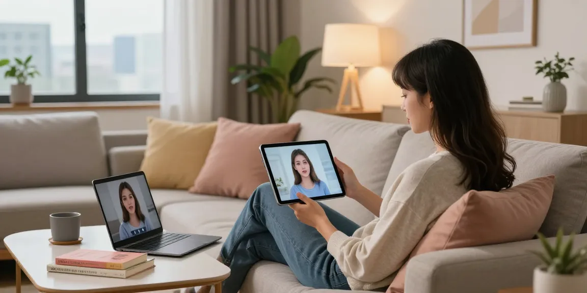Engaging with a girlfriend AI on a tablet in a cozy living room.