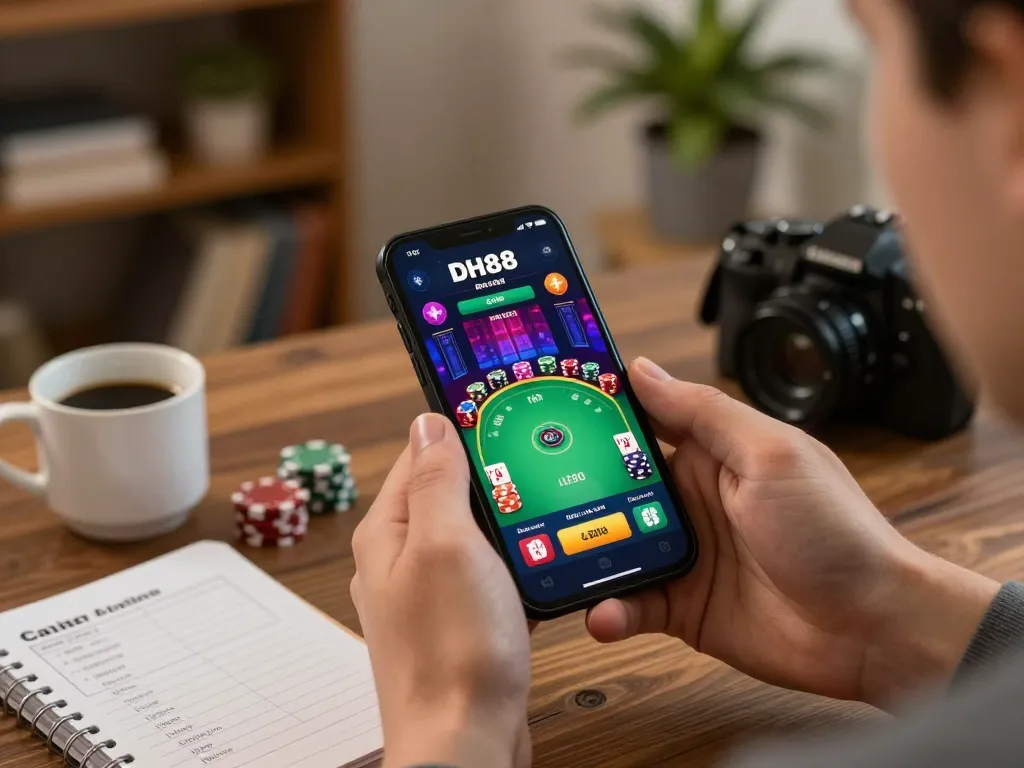 Engaging online gambling experience with DH88 casino app open on smartphone, showcasing poker gameplay.