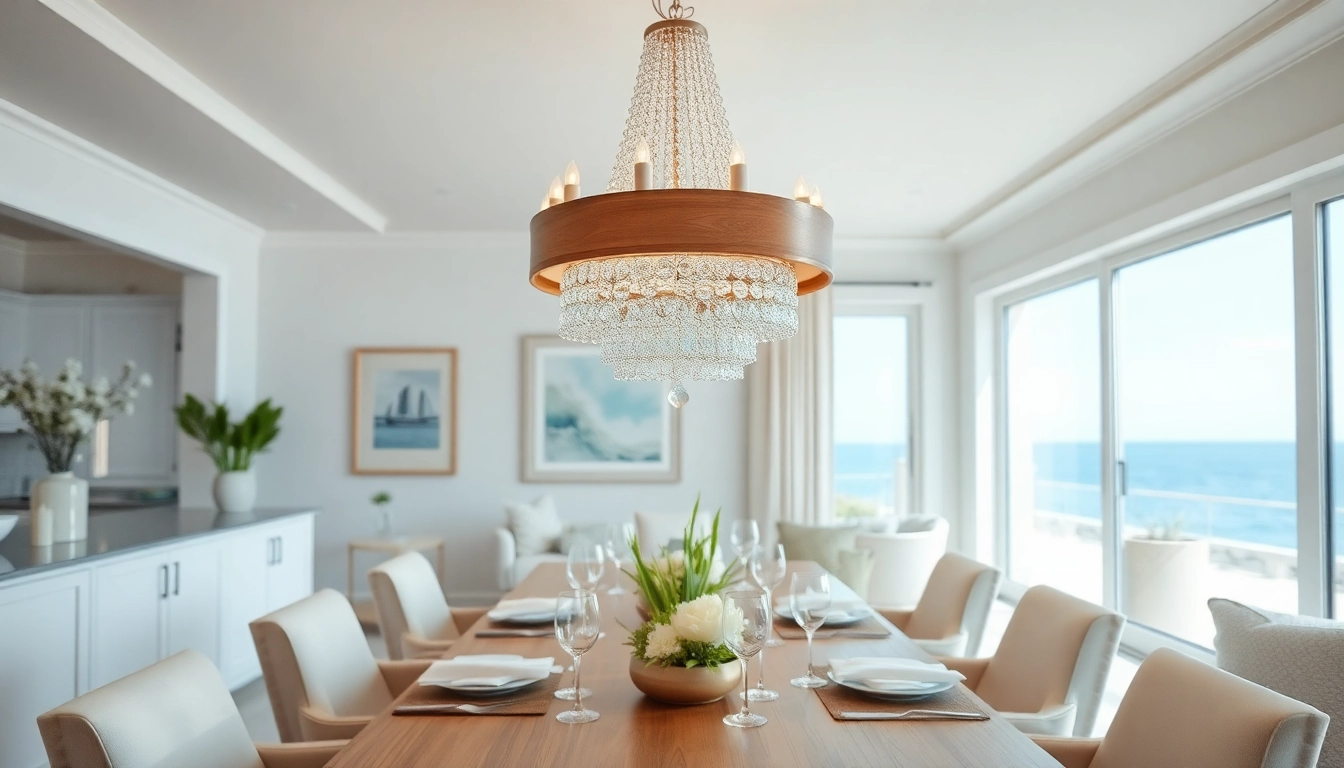 Admire the stunning island chandelier illuminating a coastal dining room, enhancing elegance and warmth.
