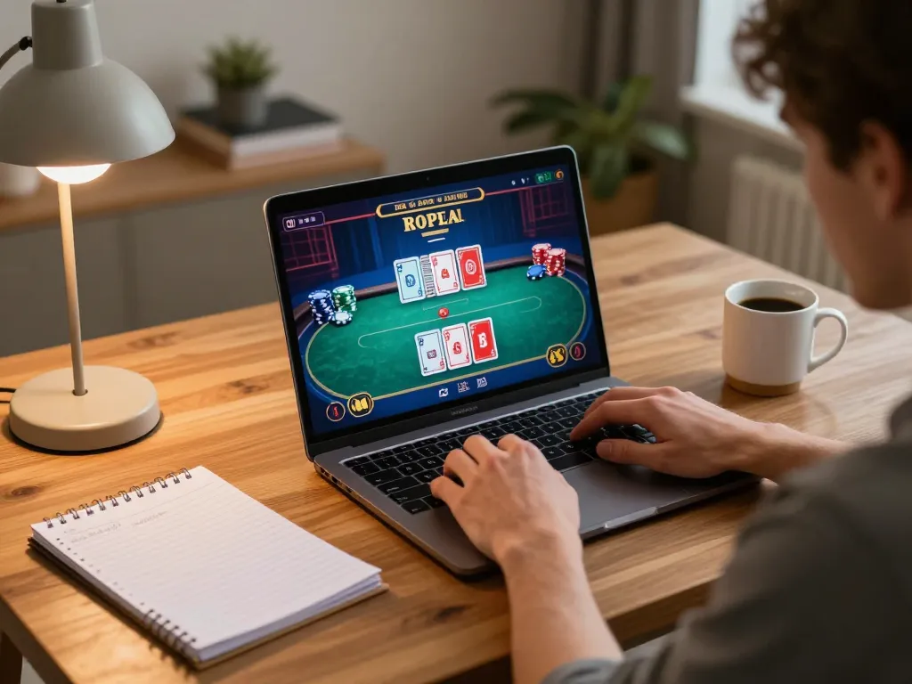 Player engaging with thabet online poker game at home, vibrant and inviting atmosphere with gaming elements