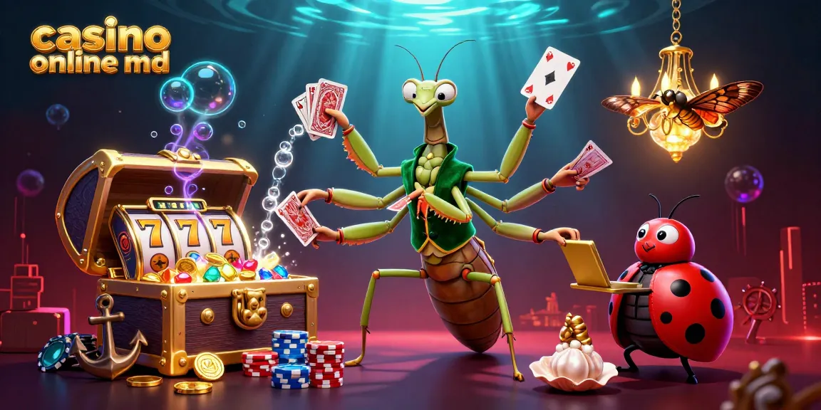 Impresionantă ilustrație 3D a unui casino online md cu personaje fantastice și simboluri de sloturi