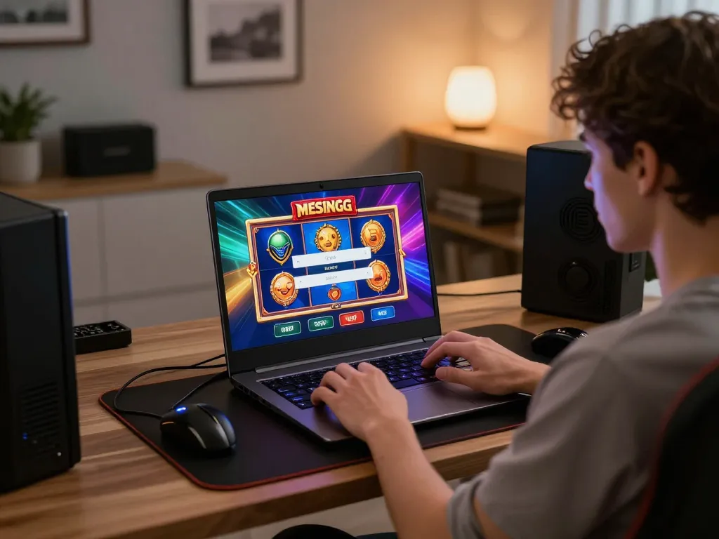 Engaging in MESINGG login on a laptop, showcasing online slot gameplay in a modern home environment