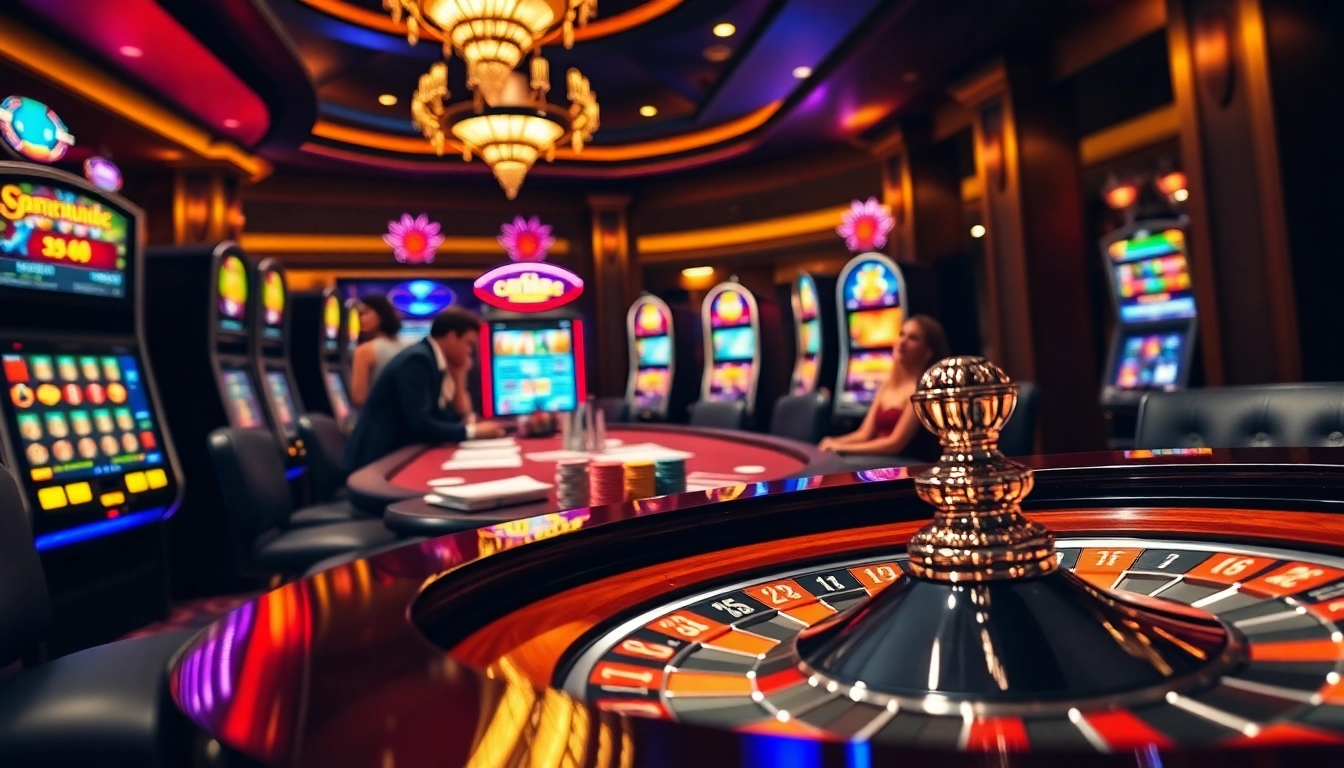 Engaging poker gameplay at a luxurious casino featuring S8-themed chips and vibrant slot machines.