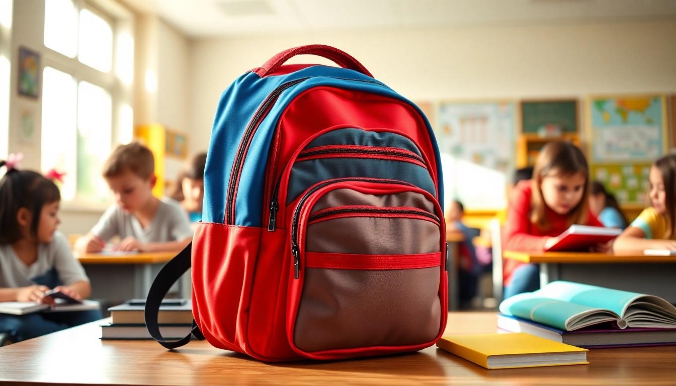 Handtasche für Schulen in einem bunten Klassenzimmer, um Schulmaterialien zu organisieren.