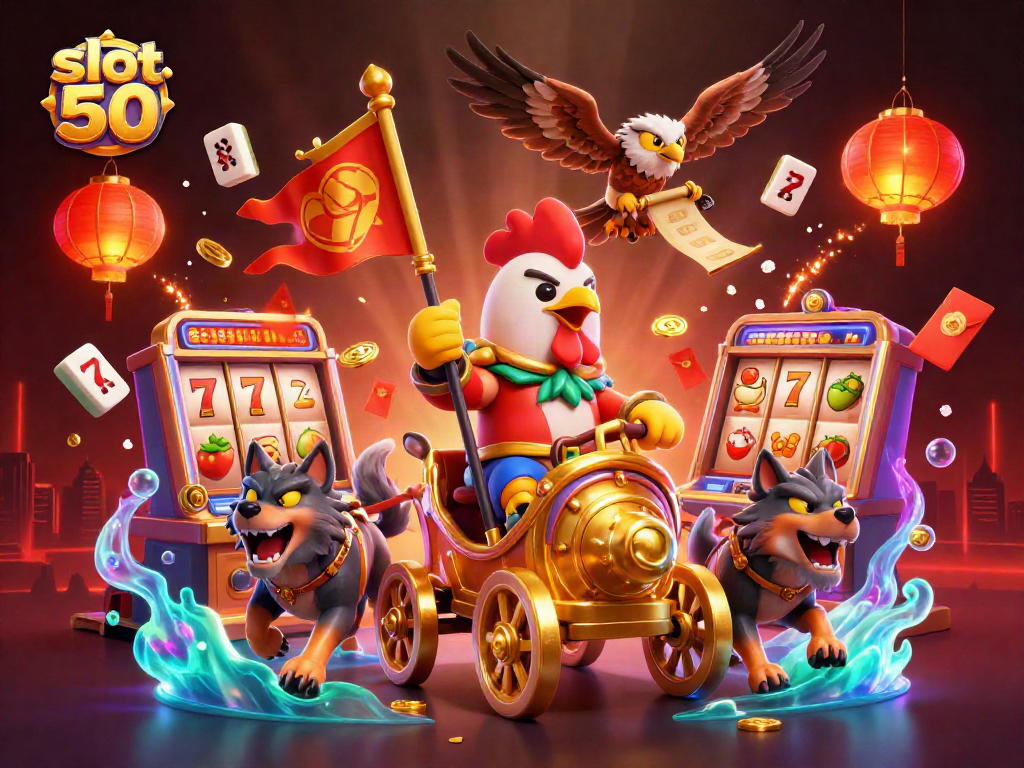 Win big with slot bet 50 showcased in vibrant 3D casino illustration filled with action