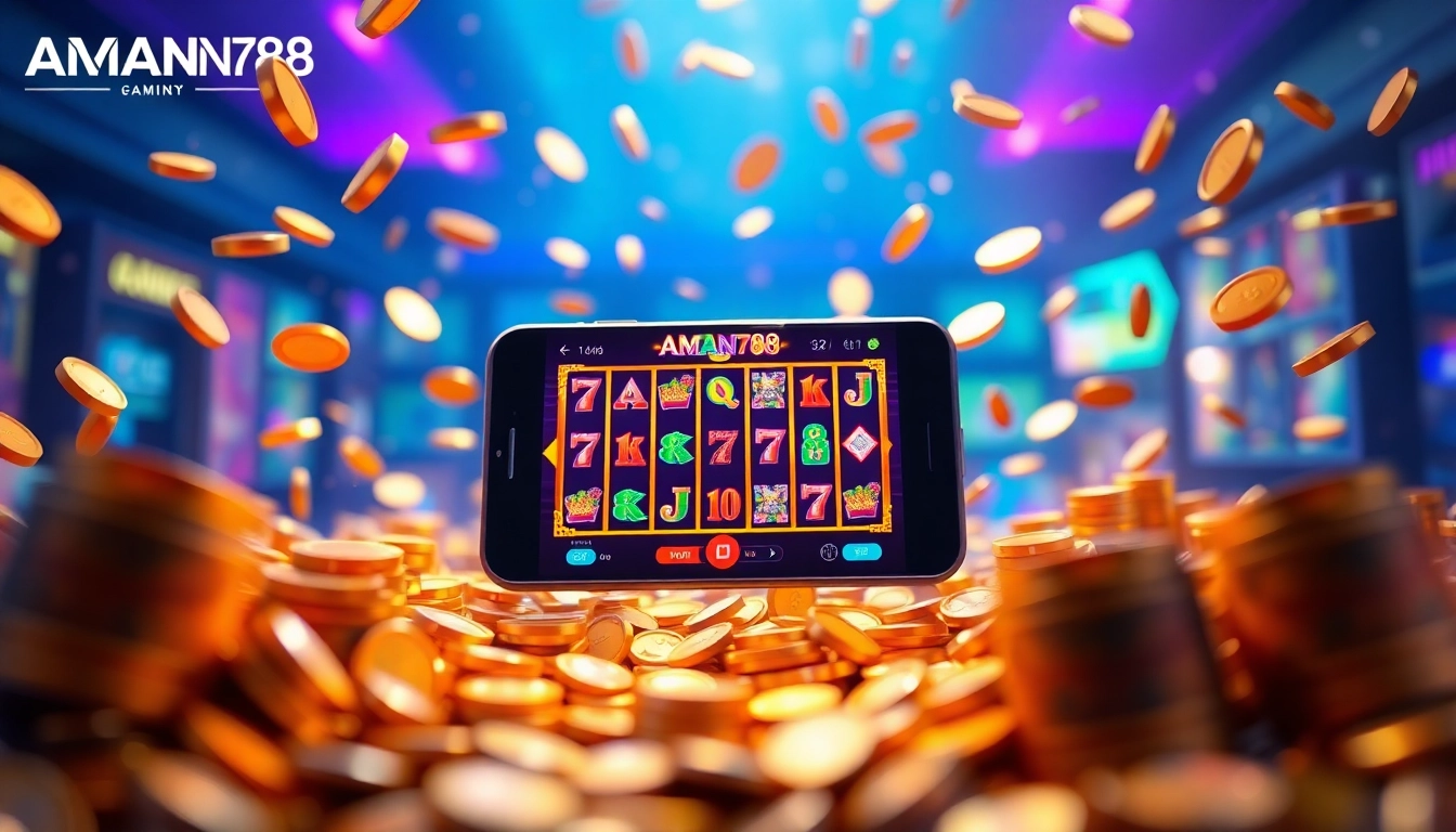 Vibrant slot gaming experience with AMAN788 on a smartphone amidst cascading coins.
