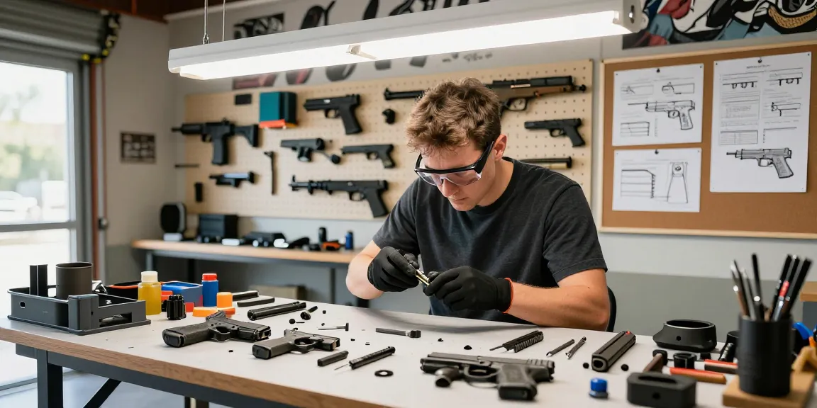 Assembling Glock slides at https://precisionglockslides.com with precision tools and parts in an enthusiastic workshop.