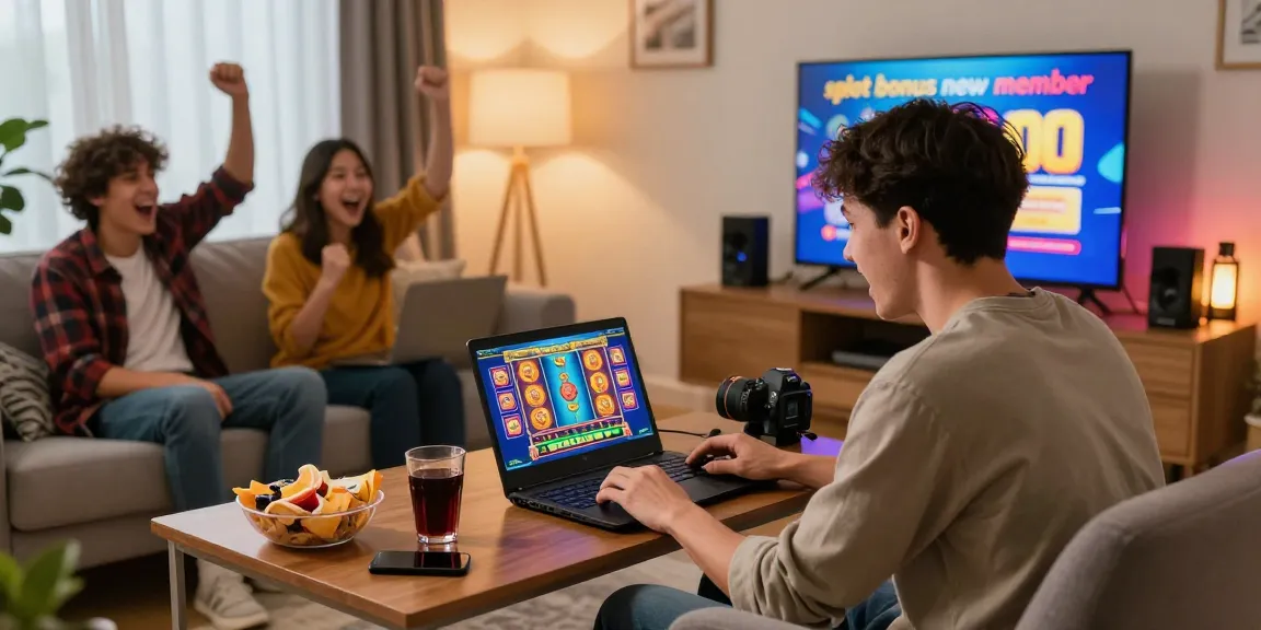 Excited player enjoying an online game with slot bonus new member 100 promotion visible in a cozy living room setting.