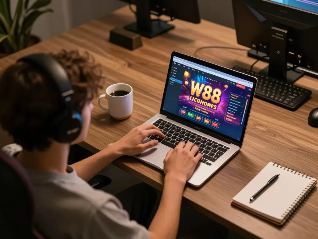 Player engaging in online casino gaming on a laptop with W88 interface, comfortable setup.