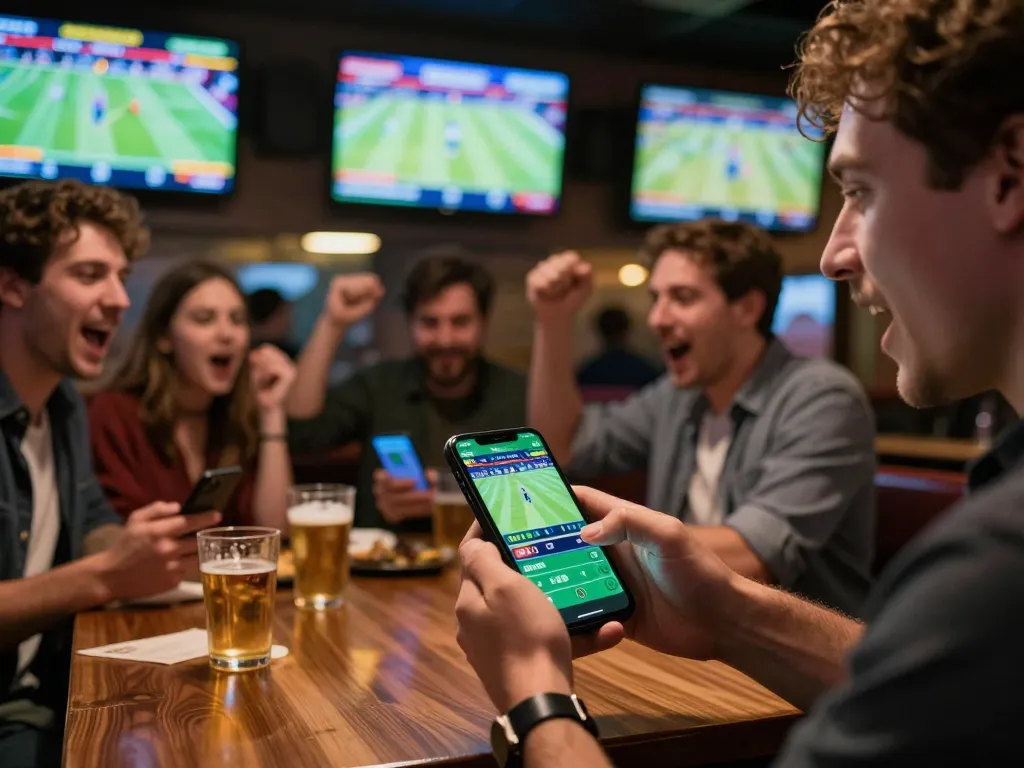 Engaging sports betting scene with keonhacai 5 app being used for real-time betting.