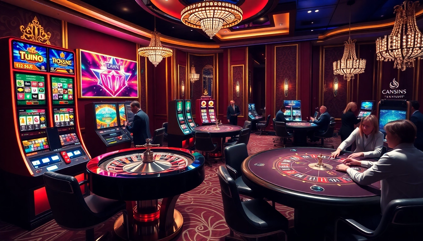 Scène captivante de casino en ligne avec des jetons de poker, des machines à sous modernes et une roulette.