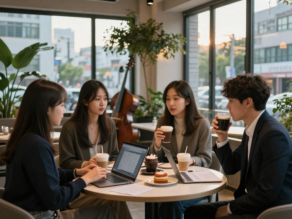강남쩜오 멀리건에서 친구들과 대화하며 여유로운 시간을 보내는 모습