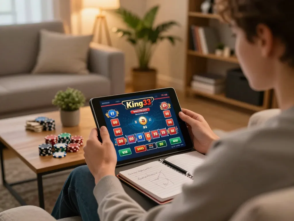 Experience king33 online gaming with a cozy home setup and active mobile interface.