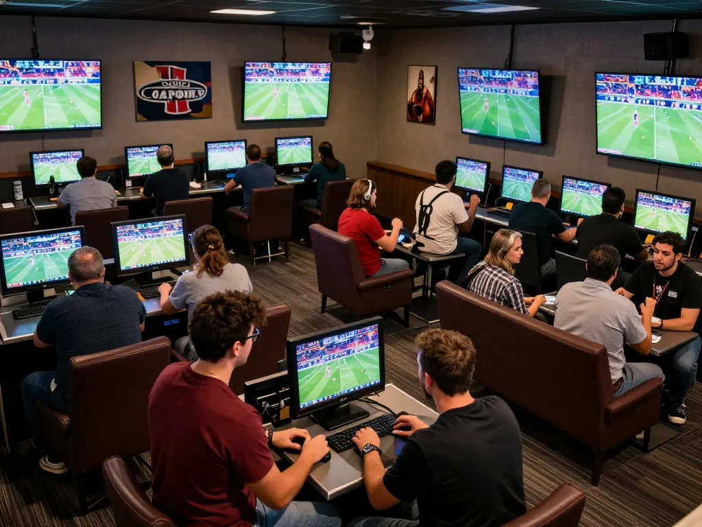 bóng đá lu enthusiasts cheering for their favorite teams in an energetic sports betting lounge, vibrant atmosphere.