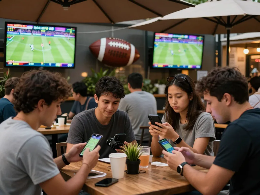 Excited patrons placing bets using Cakhia TV app in a lively outdoor sports café setting