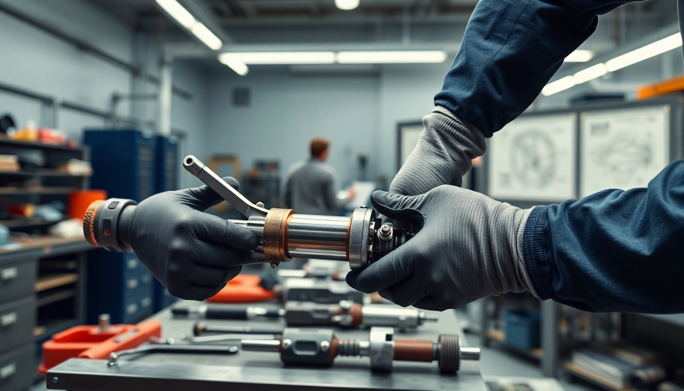 Technician performing hydraulic cylinder repair in a bright workshop, focusing on precision and detail.