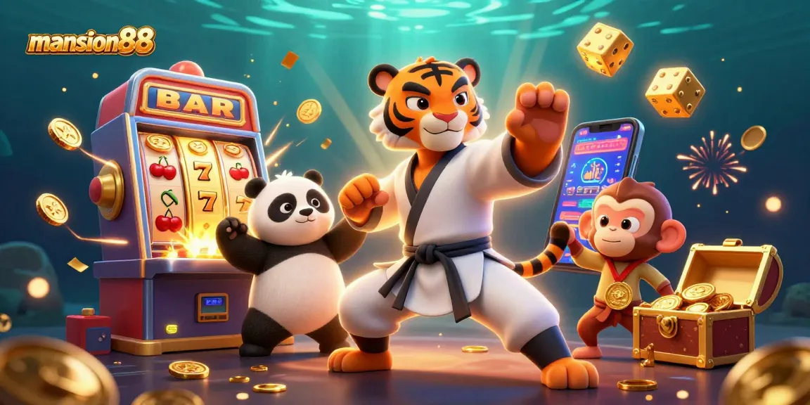 Win big with mansion88, featuring a playful scene of cartoon characters engaging in exciting casino activities.