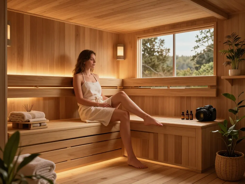 Relaxing sauna 3D interior showcasing warm ambiance and natural decor.