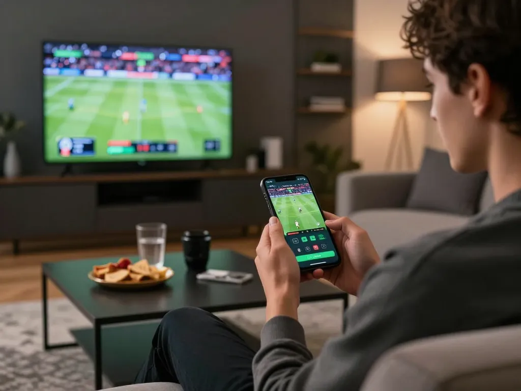 Sophisticated sports betting scene showcasing a player using OK FUN app on smartphone in modern living room.
