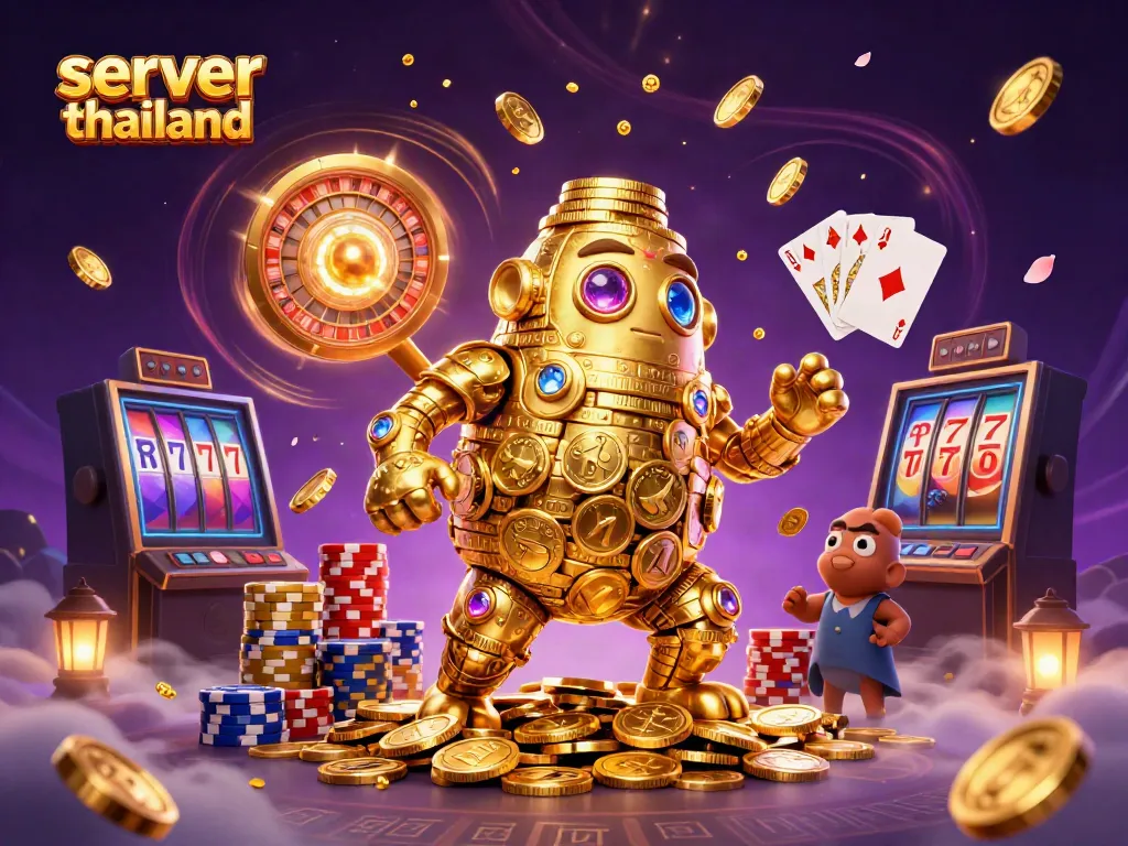 Engage with server thailand for thrilling casino fun, featuring a golden golem and vibrant game elements.