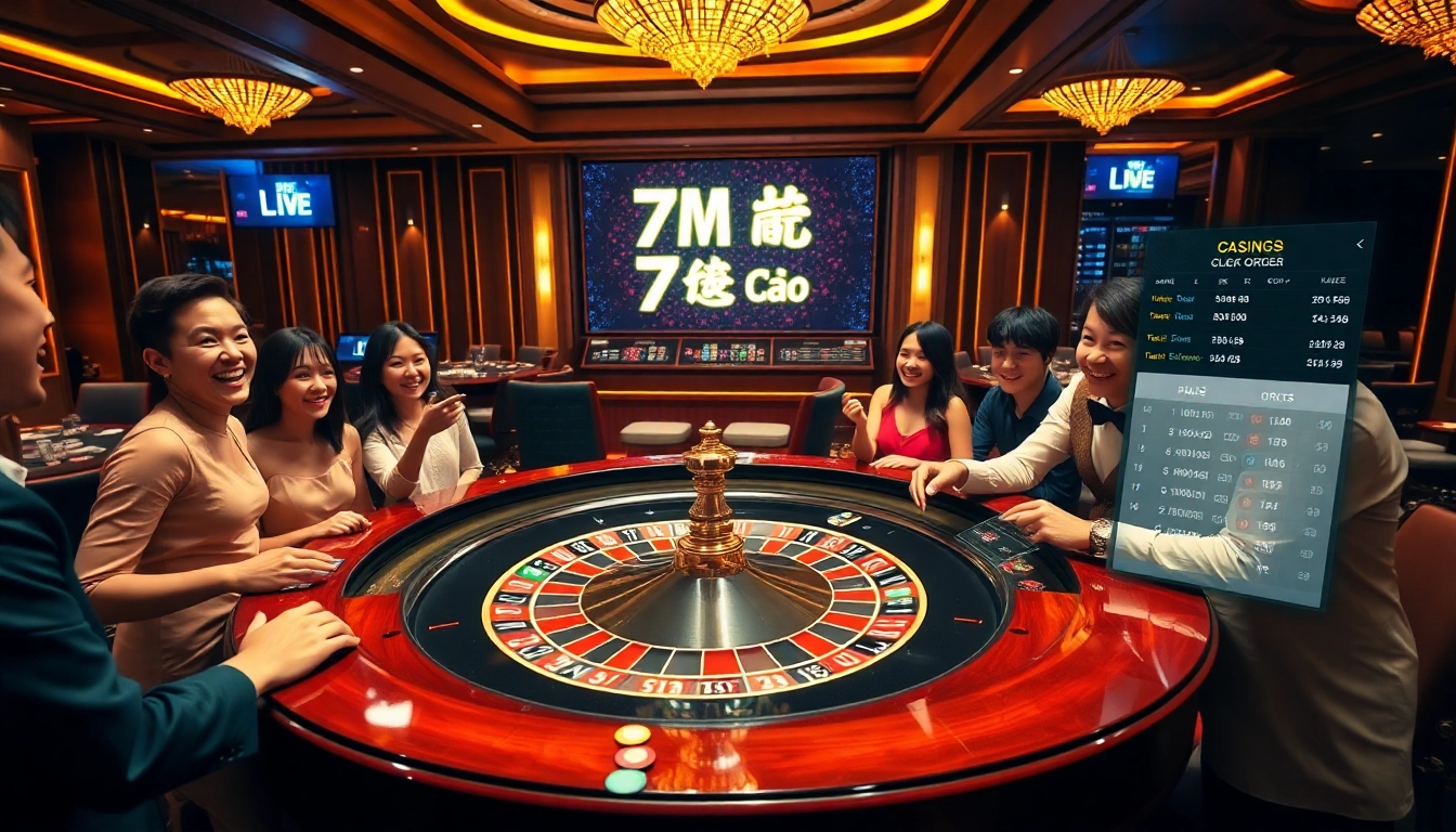 A vibrant casino scene featuring a roulette table with players, showcasing 7m ma cao excitement and digital betting slips.