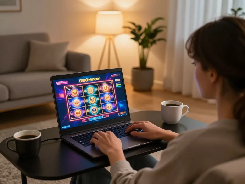 Engaging in online gaming with 888now com casino interface on laptop in a cozy living room
