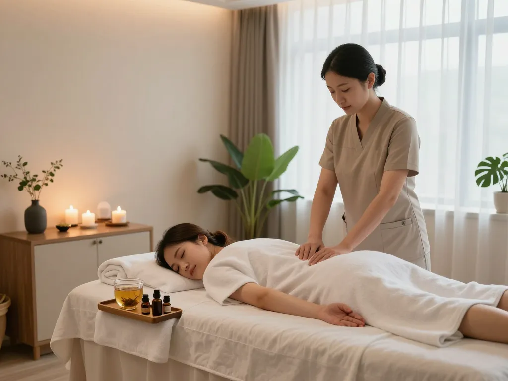 부드러운 조명, 허브 차, 스파 장식이 있는 편안한 동대문스웨디시 마사지 룸.