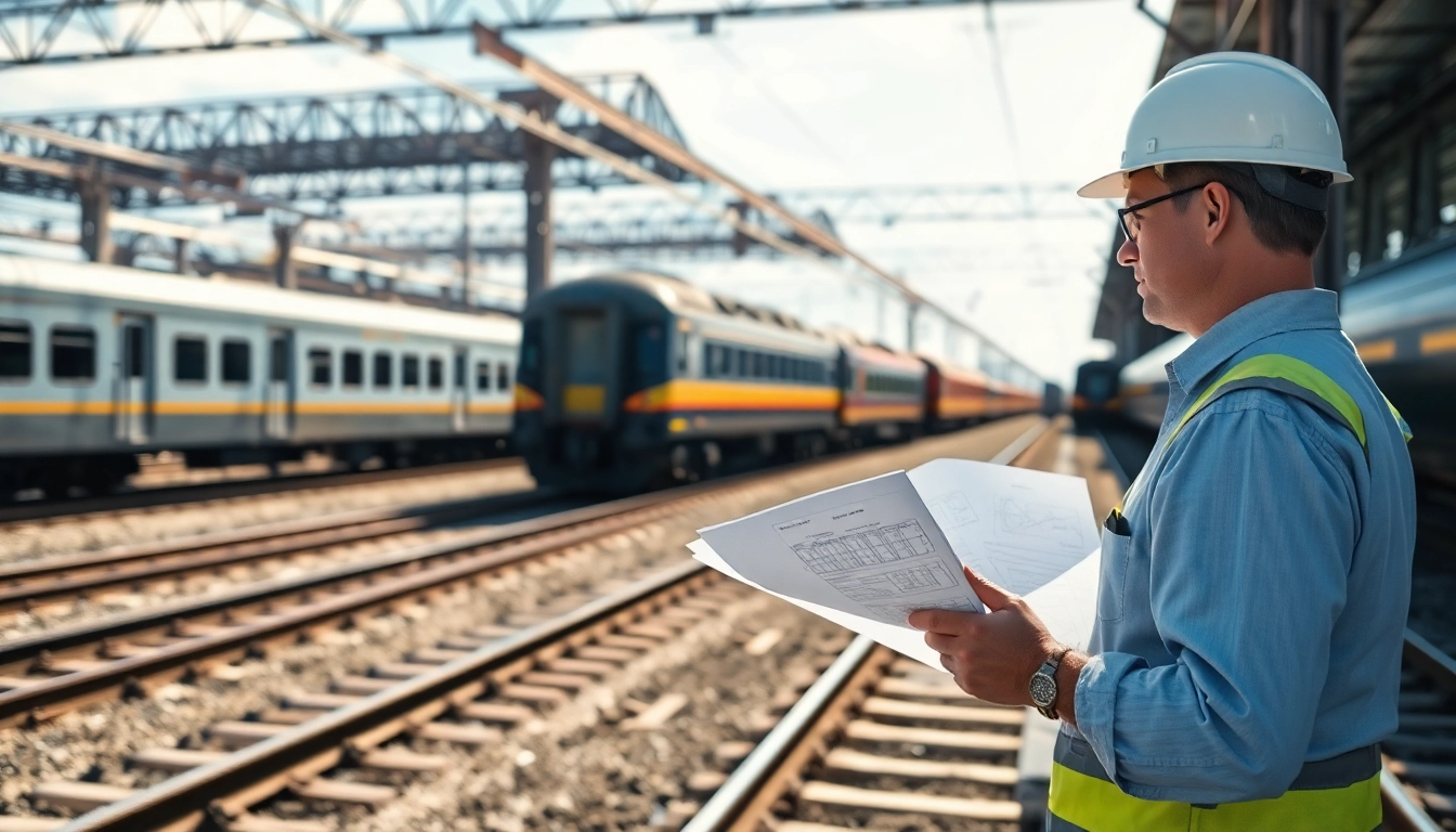Railroad Engineering expert analyzing tracks in a vibrant train yard setting.