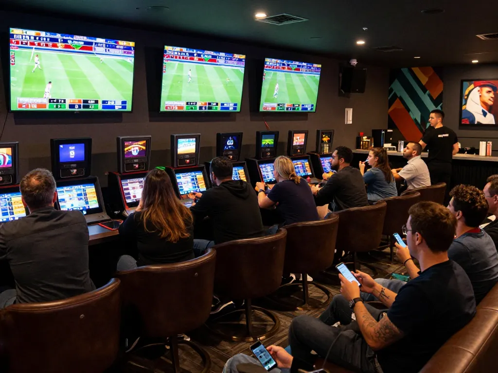 KQBD sports bettors engaging with live odds and excitedly tracking scores in a vibrant sports lounge.